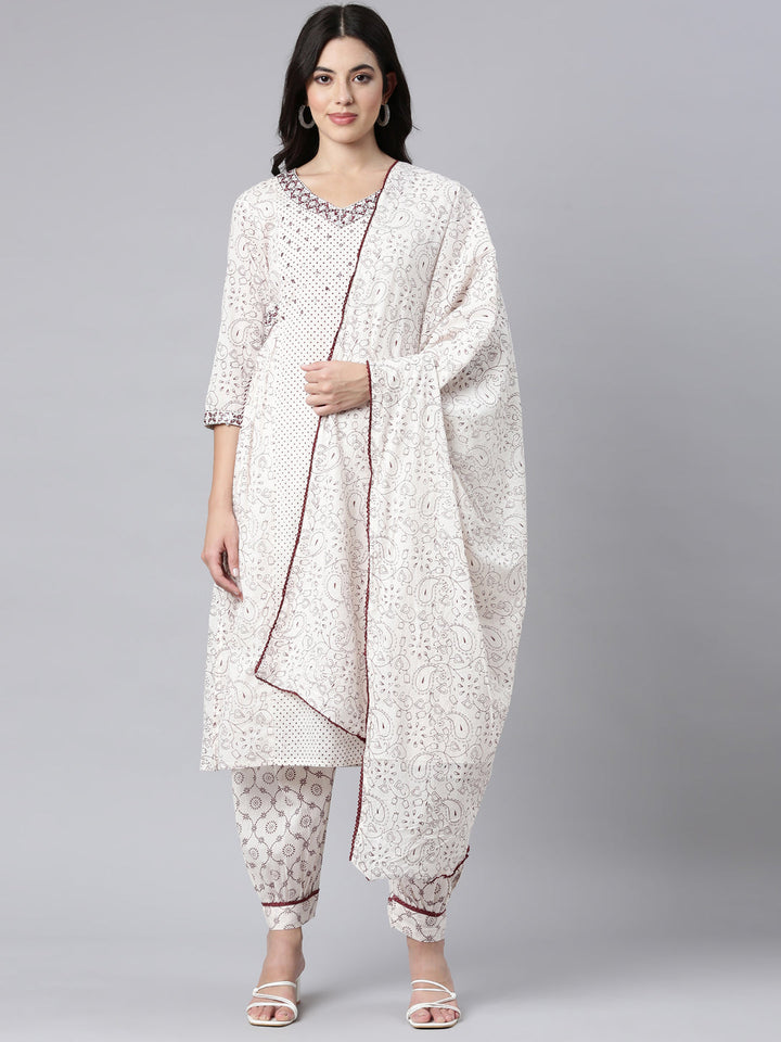 Neerus Off White Regular Straight Paisley Kurta And Salwar With Dupatta