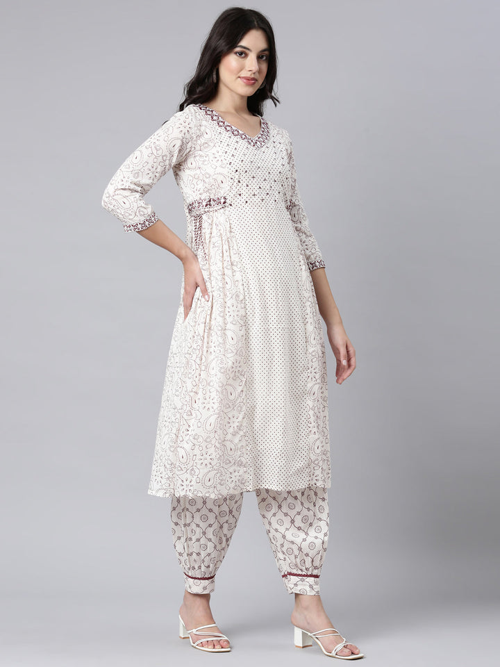 Neerus Off White Regular Straight Paisley Kurta And Salwar With Dupatta