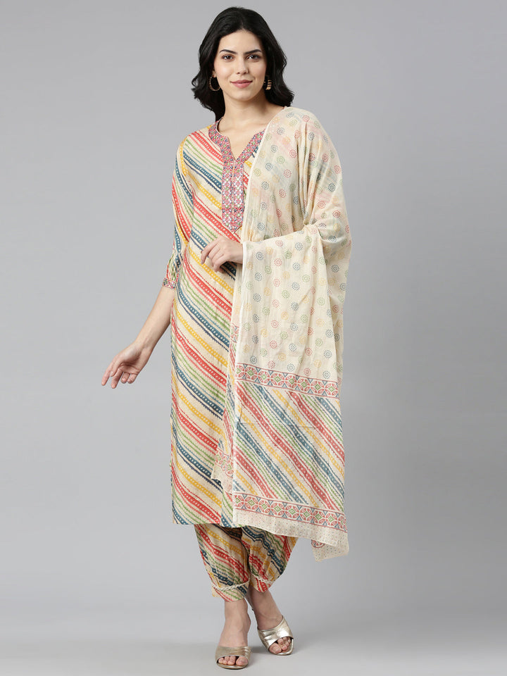Neerus Beige printed straight kurta set - front view