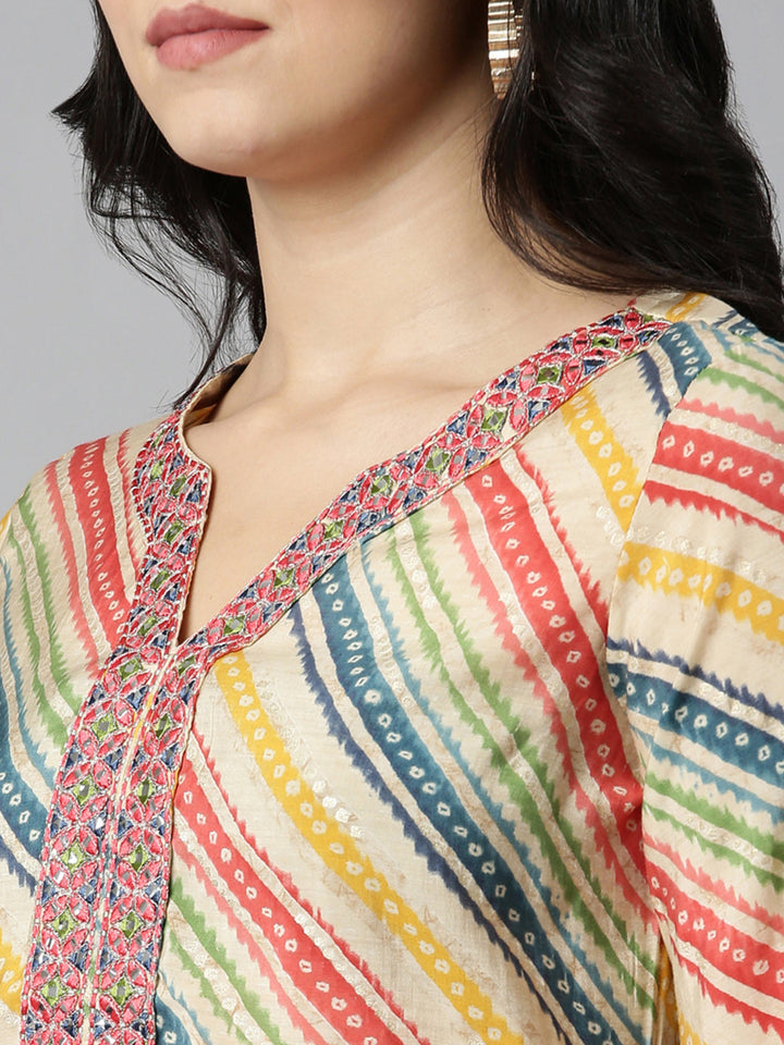 Neerus Beige printed straight kurta set - detail view 1