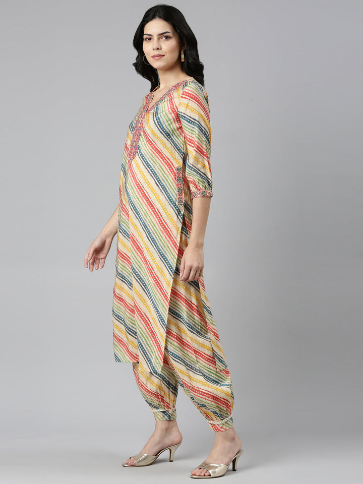 Neerus Beige printed straight kurta set - back view