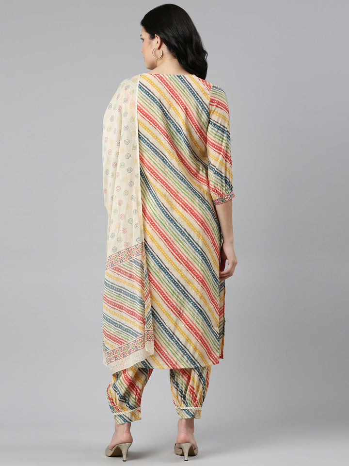 Neerus Beige printed straight kurta set - side view