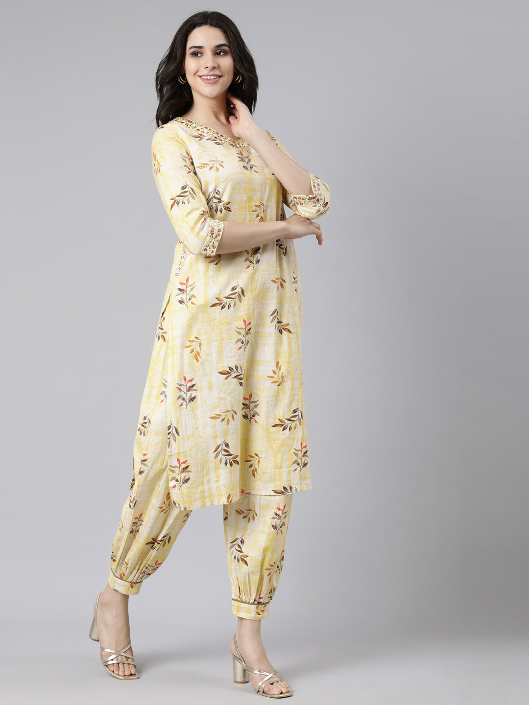 Neerus Yellow linen printed suit set - back view