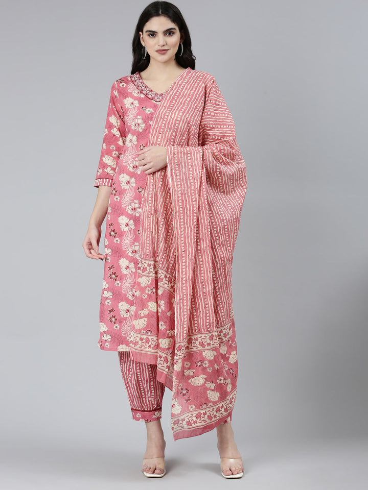 Neerus Pink cotton printed kurta set with dupatta - front view