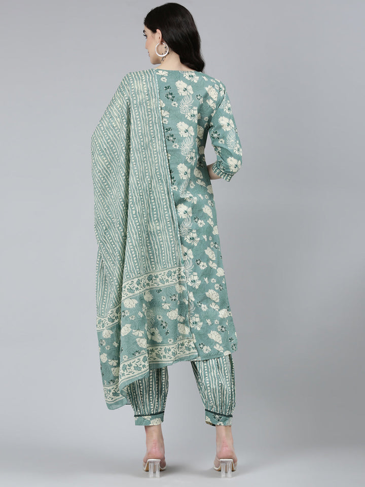 Neerus Green floral printed kurta set with salwar and dupatta - side view