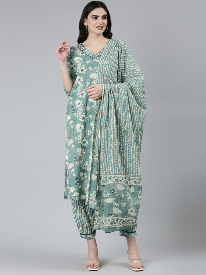 Neerus Green floral printed kurta set with salwar and dupatta - detail view 2