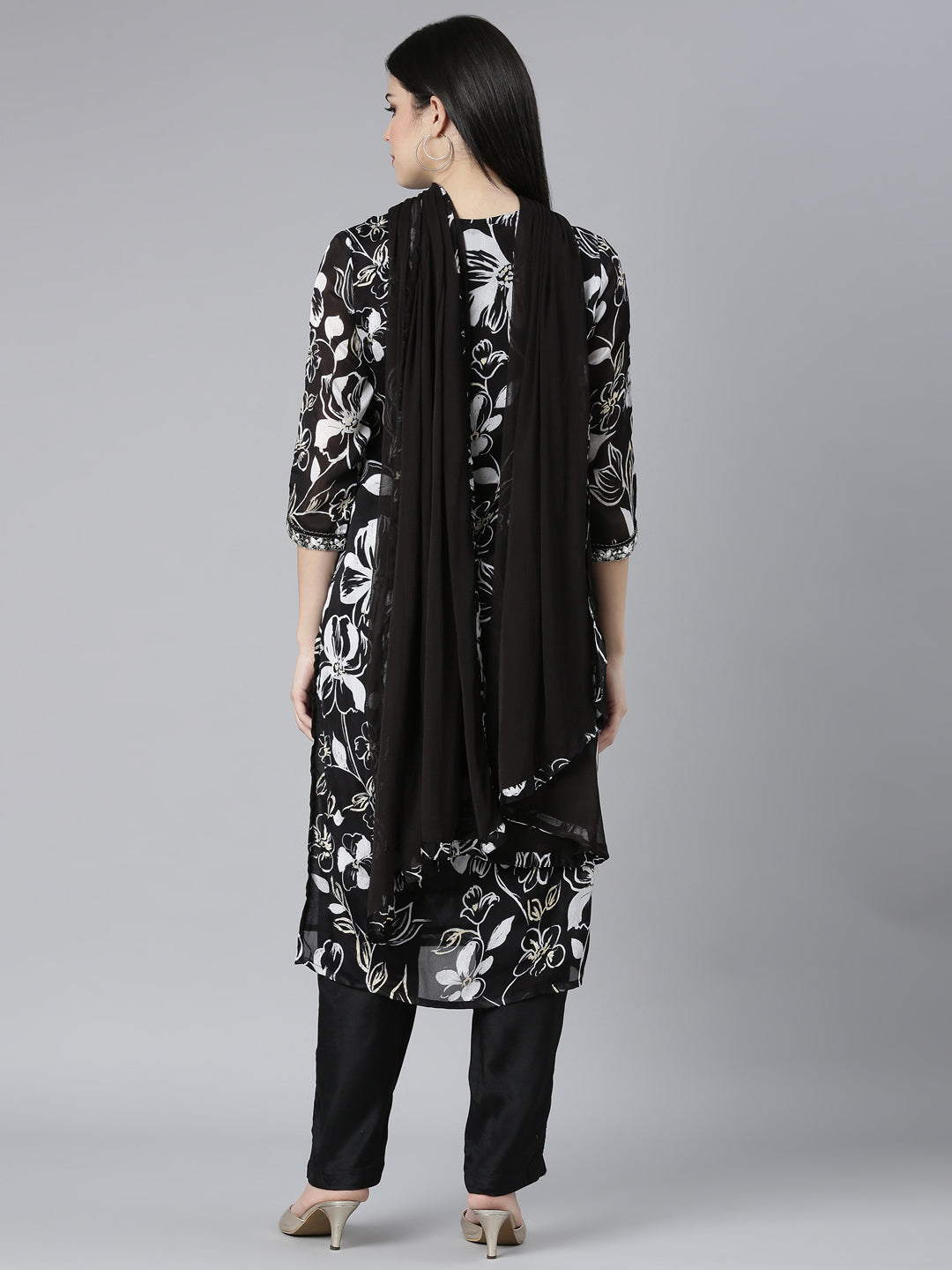 Neerus Black crepe printed kurta set with trousers and dupatta - side view