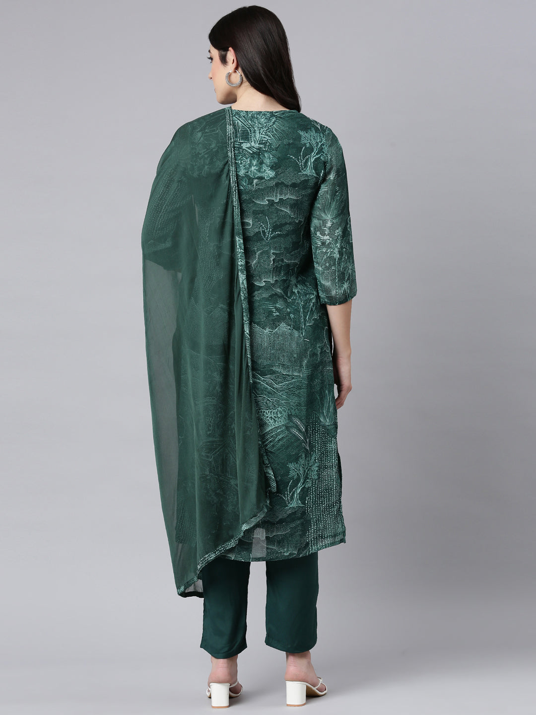 Neerus Green Chinon Printed Suit Set - side view