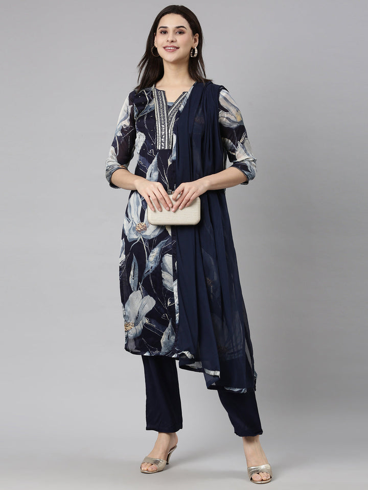 Neerus Blue Rayon Printed Suit Set - detail view 2