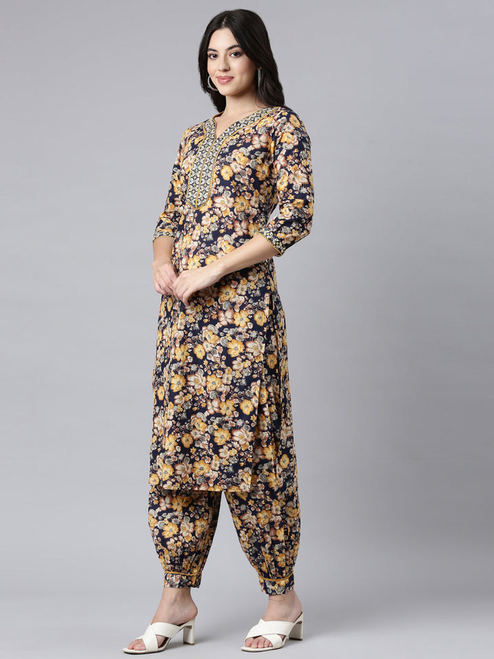 Neerus Navy Blue Regular Straight Floral Kurta And Salwar With Dupatta