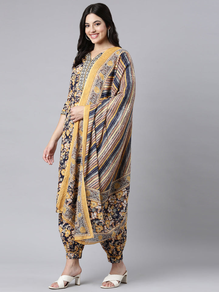 Neerus Navy Blue Regular Straight Floral Kurta And Salwar With Dupatta