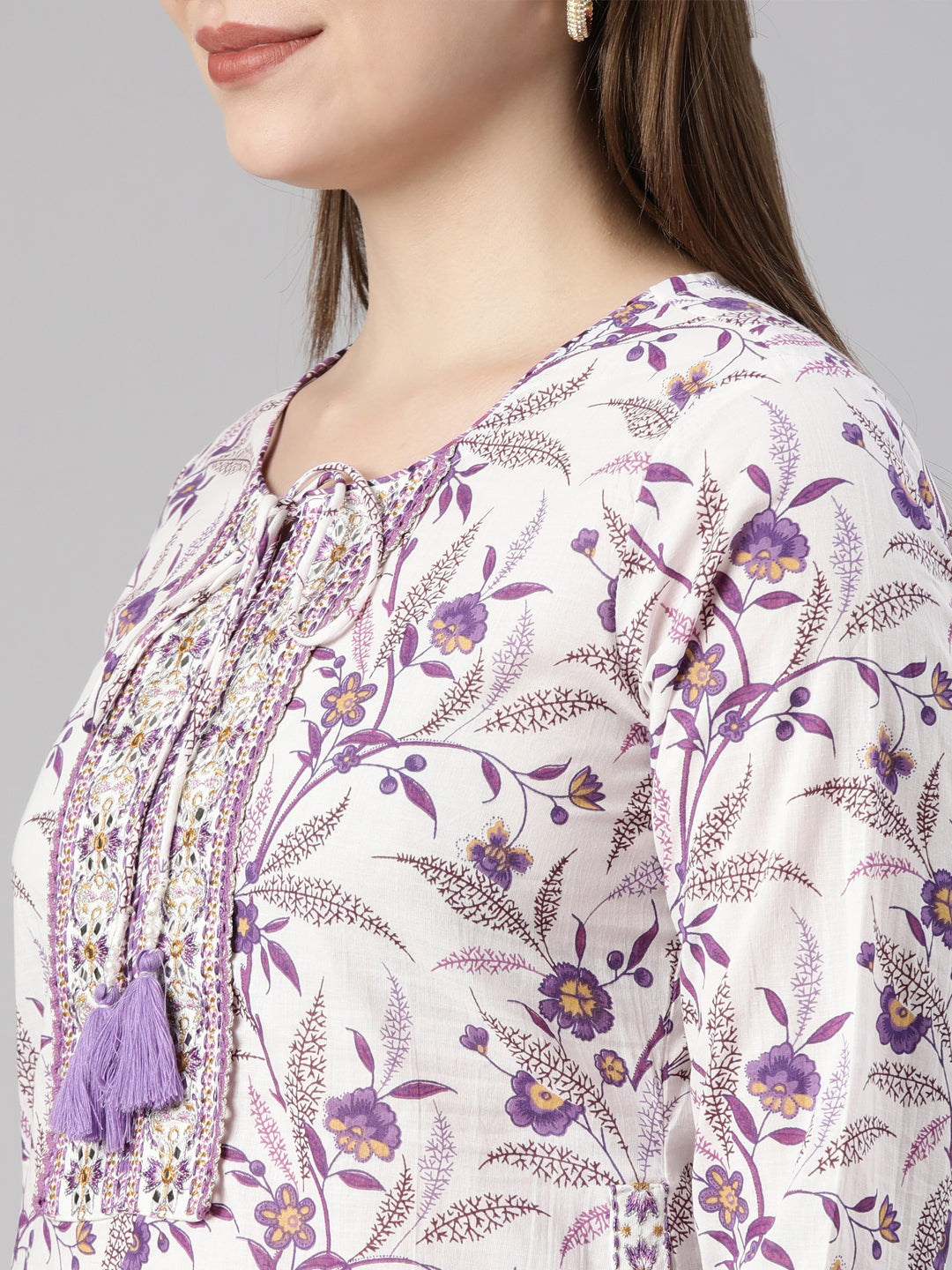 Neerus Purple floral printed straight suit set - detail view 4