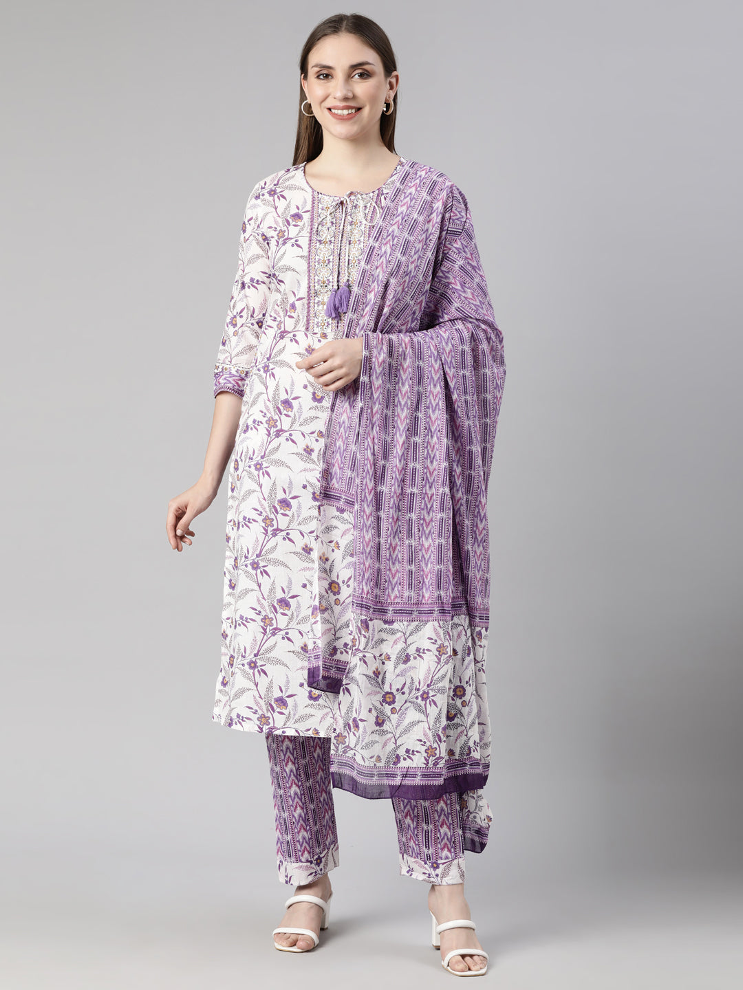 Neerus Purple floral printed straight suit set - front view
