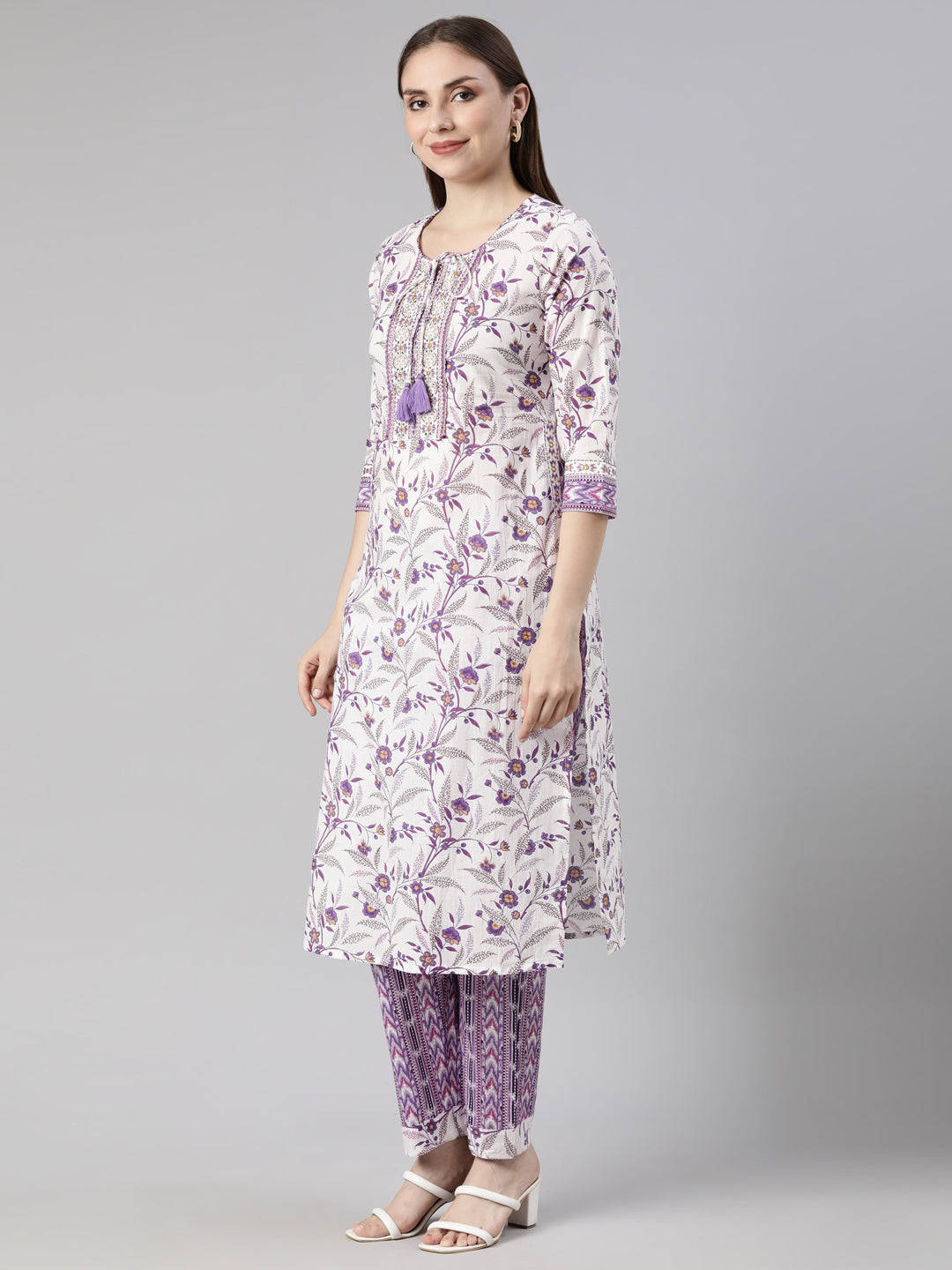 Neerus Purple floral printed straight suit set - back view