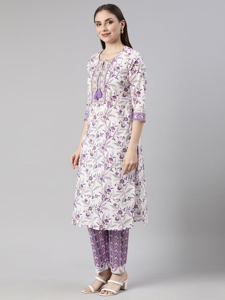 Neerus Purple floral printed straight suit set - back view