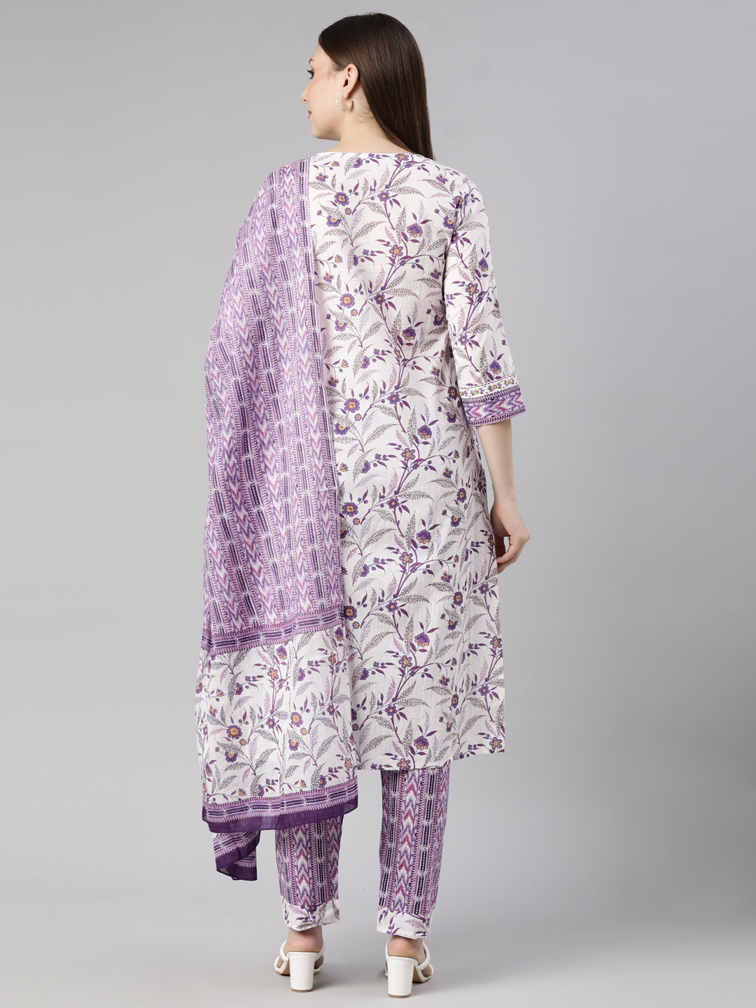 Neerus Purple floral printed straight suit set - side view