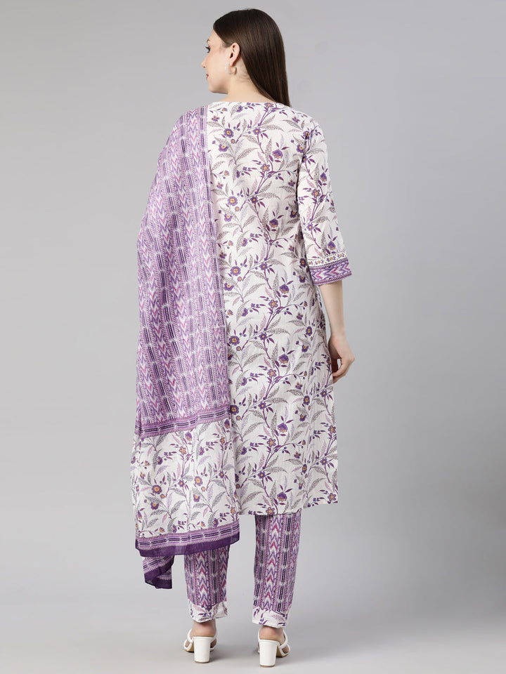 Neerus Purple floral printed straight suit set - side view