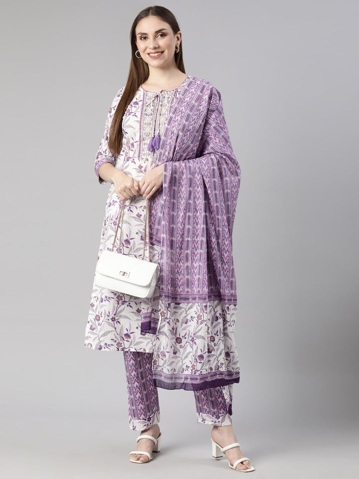 Neerus Purple floral printed straight suit set - detail view 1