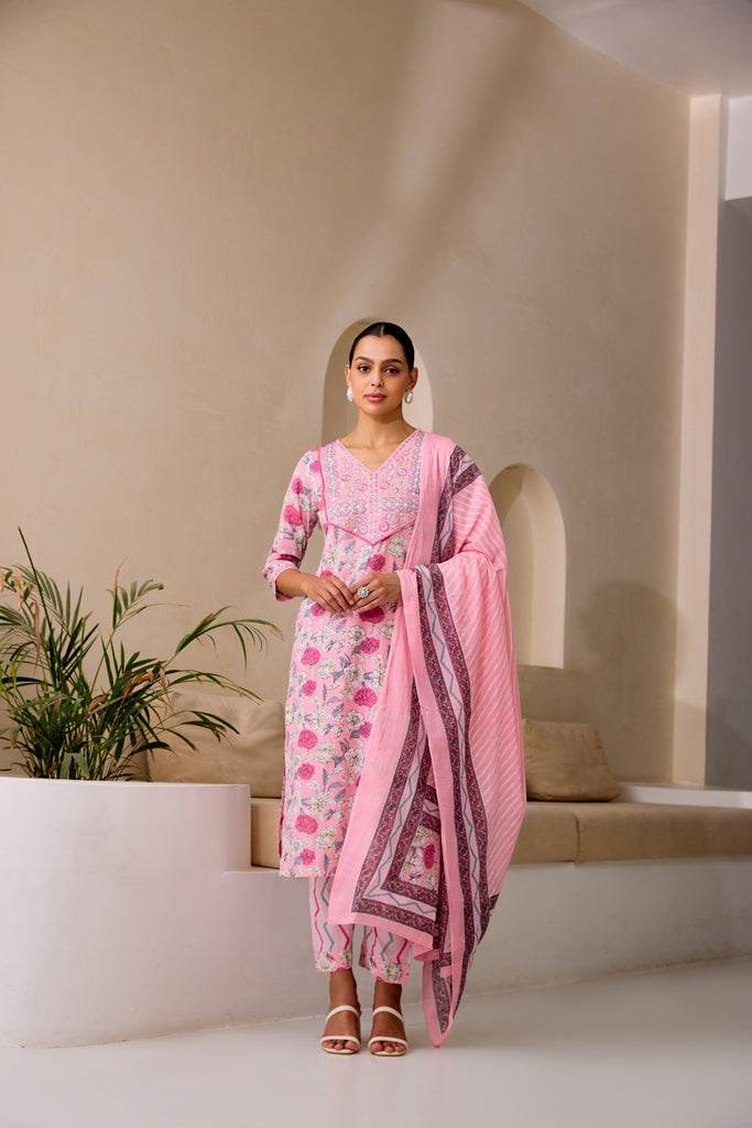 Neerus Pink embellished straight suit set - front view