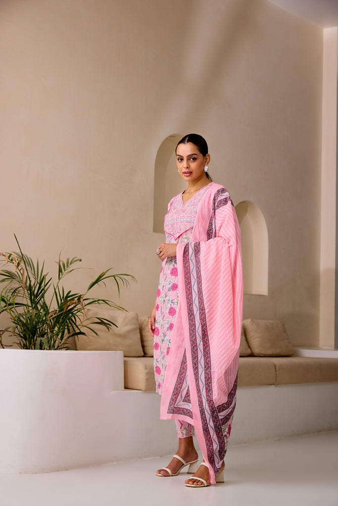 Neerus Pink embellished straight suit set - side view