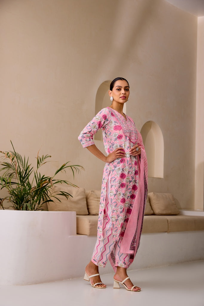 Neerus Pink embellished straight suit set - back view