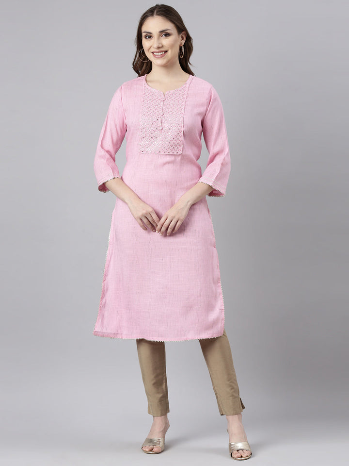 Neerus Pink solid straight kurti - front view