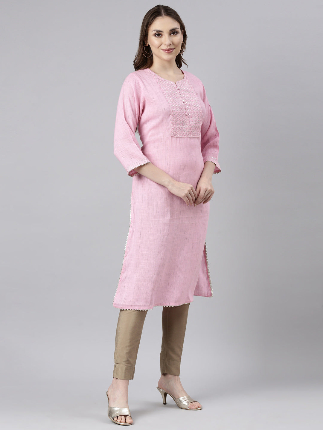Neerus Pink solid straight kurti - back view