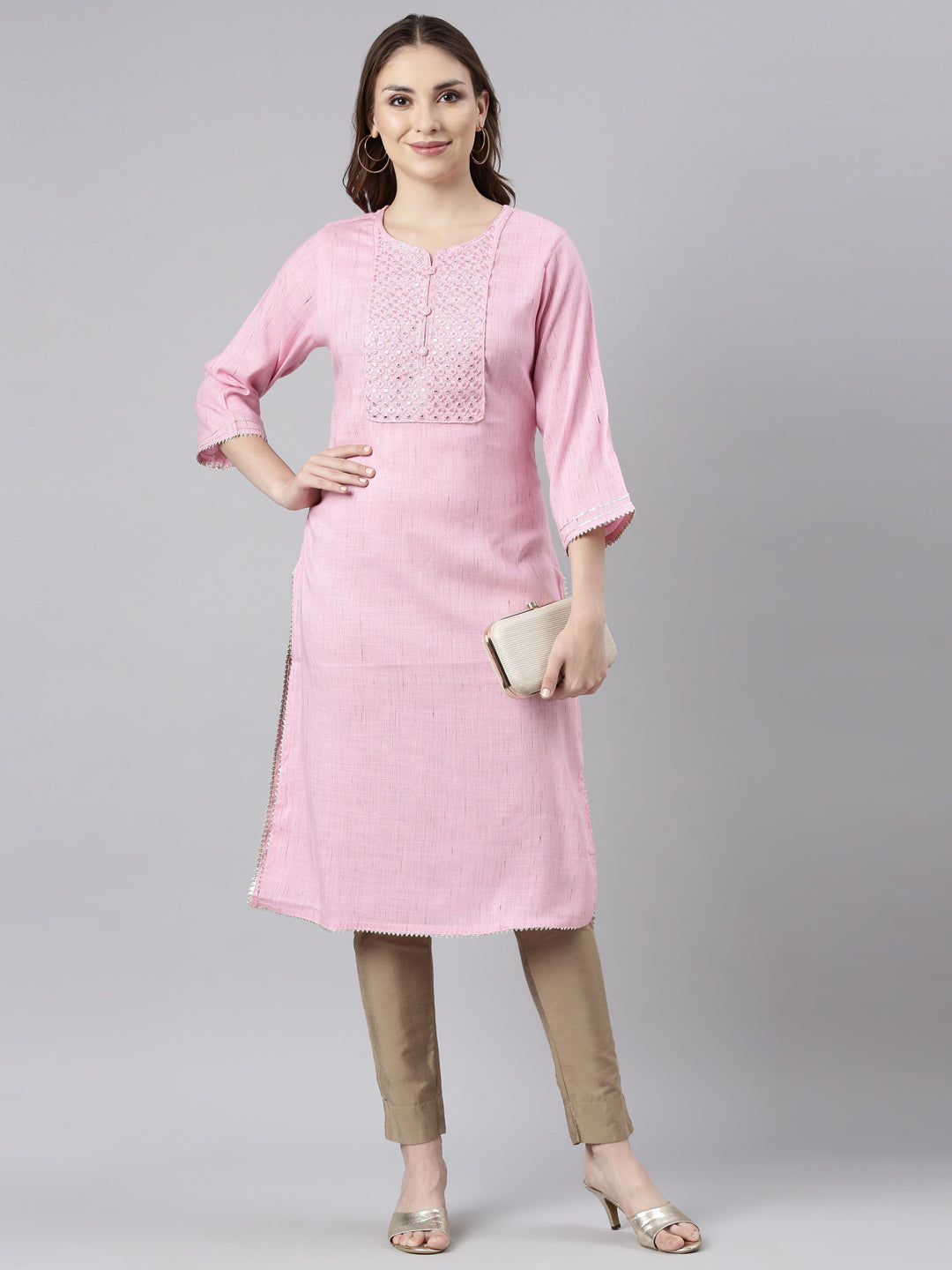Neerus Pink solid straight kurti - detail view 1