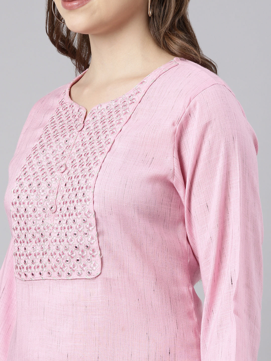 Neerus Pink solid straight kurti - detail view 2