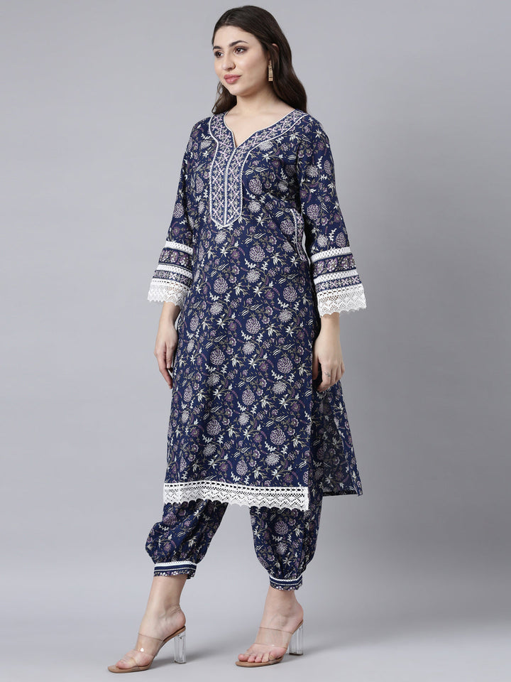 Neerus Blue Printed Floral Straight Suit Set - detail view 2