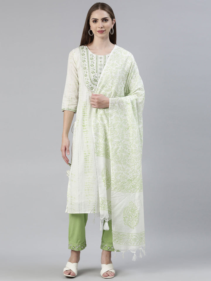 Neerus Green cotton printed kurta set with trouser and dupatta - front view