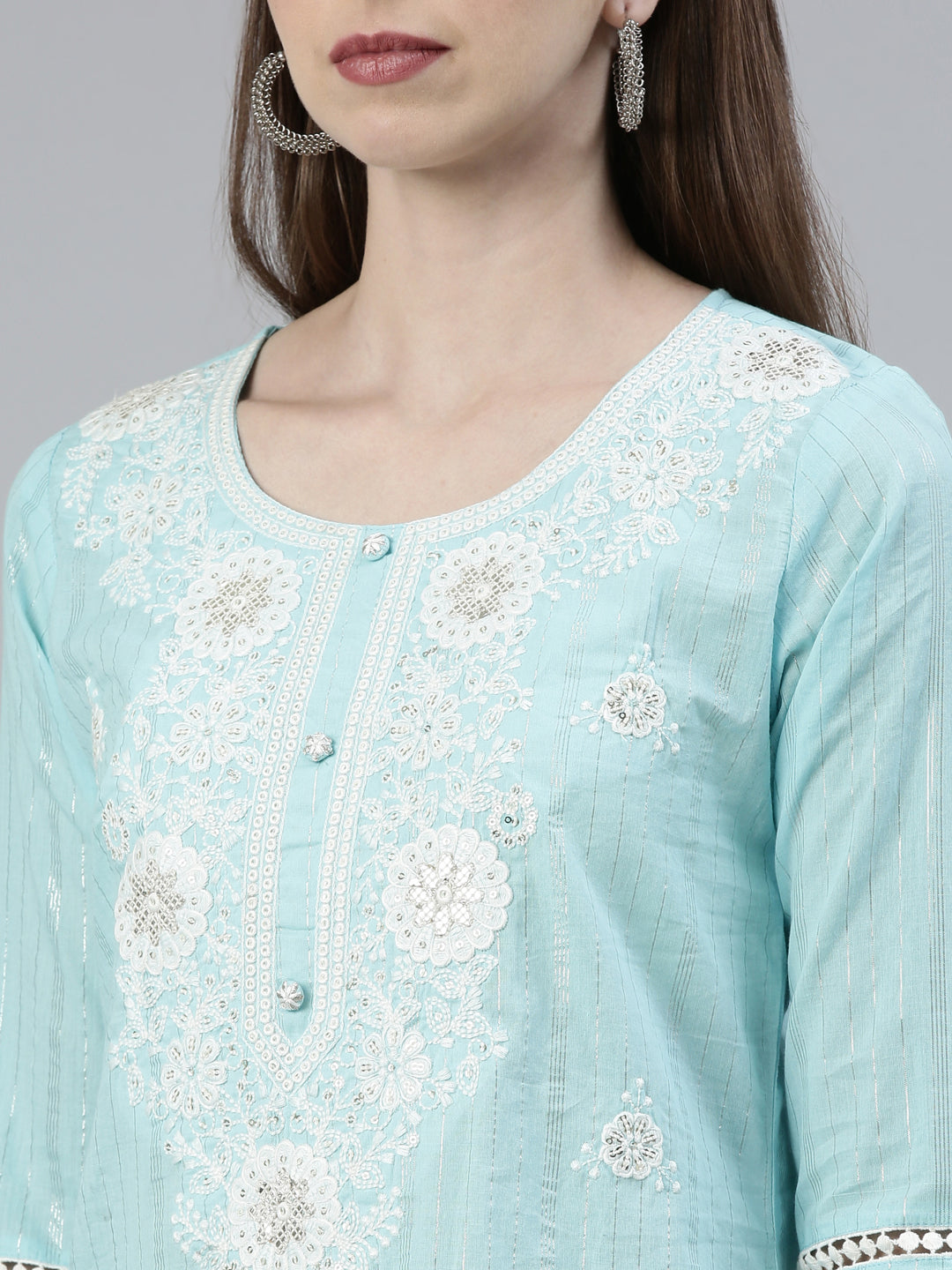 Neerus Green cotton embroidered kurta set straight silhouette - detail view 1