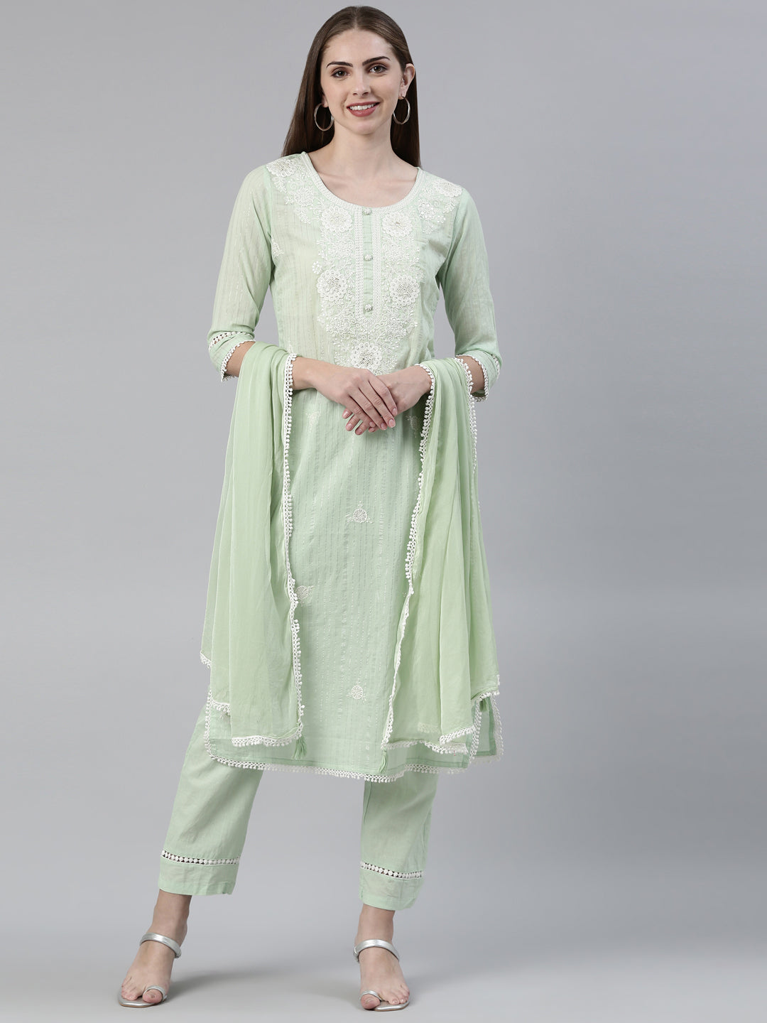 Neerus Green cotton embroidered kurta set - front view