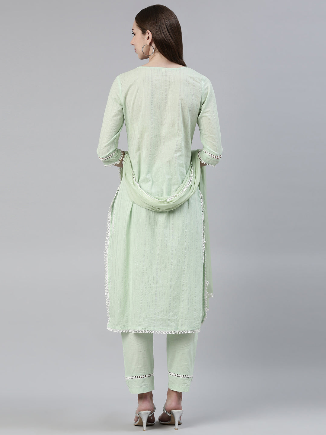 Neerus Green cotton embroidered kurta set - side view