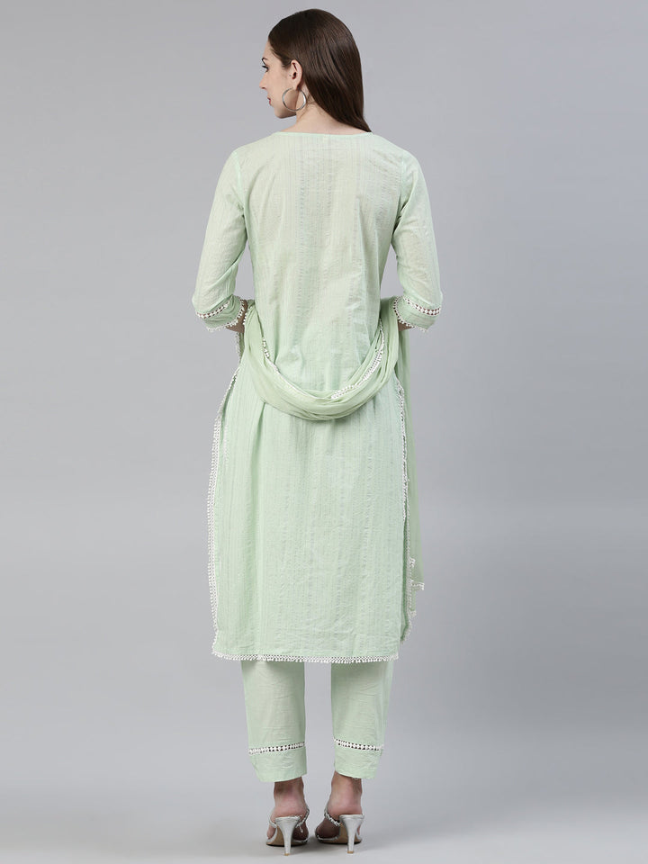 Neerus Green cotton embroidered kurta set - side view