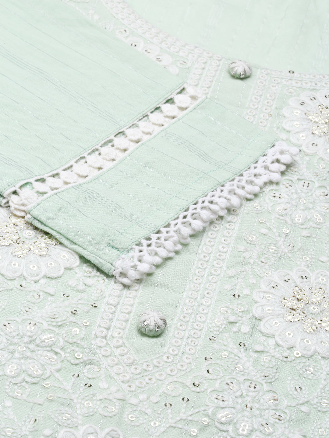 Neerus Green cotton embroidered kurta set - detail view 2
