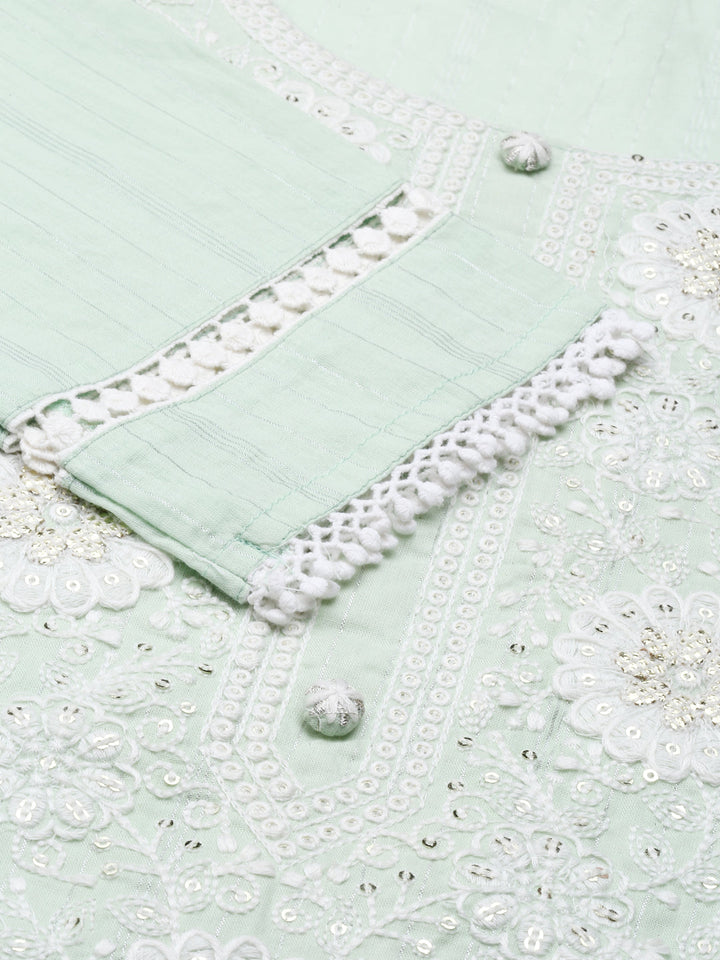 Neerus Green cotton embroidered kurta set - detail view 2