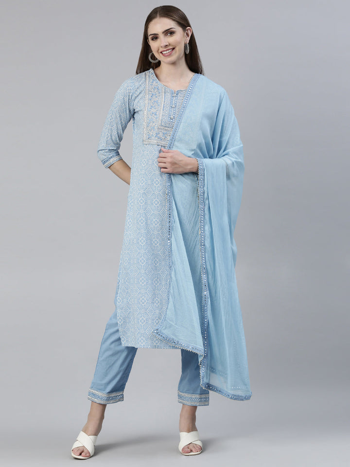 Neerus Blue cotton printed kurta set with trouser and dupatta - front view