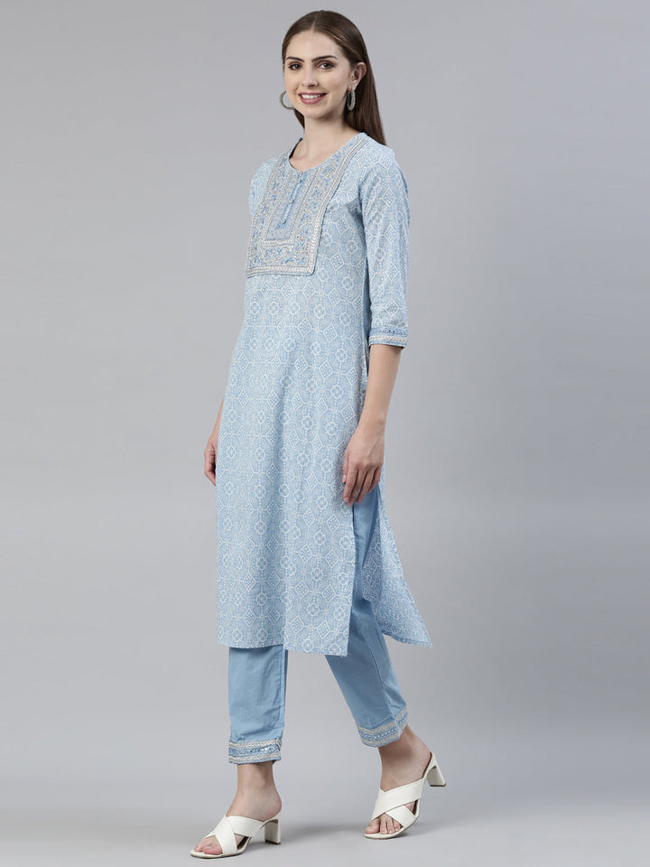 Neerus Blue cotton printed kurta set with trouser and dupatta - back view