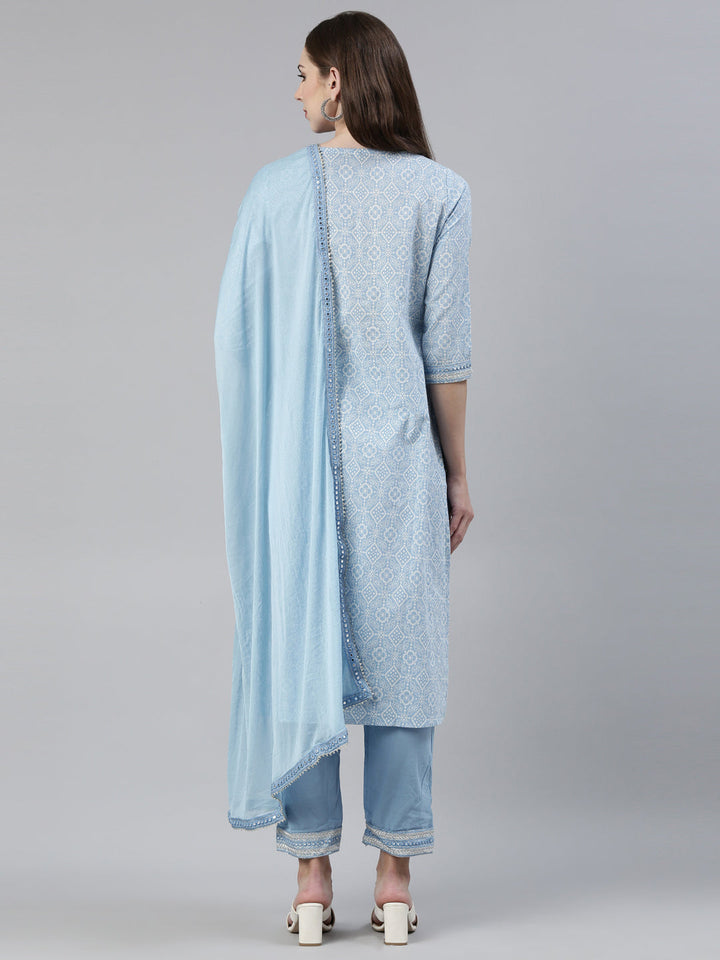 Neerus Blue cotton printed kurta set with trouser and dupatta - side view