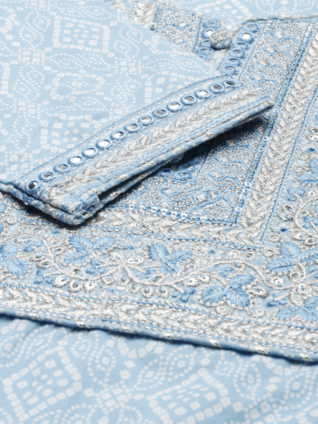 Neerus Blue cotton printed kurta set with trouser and dupatta - detail view 2