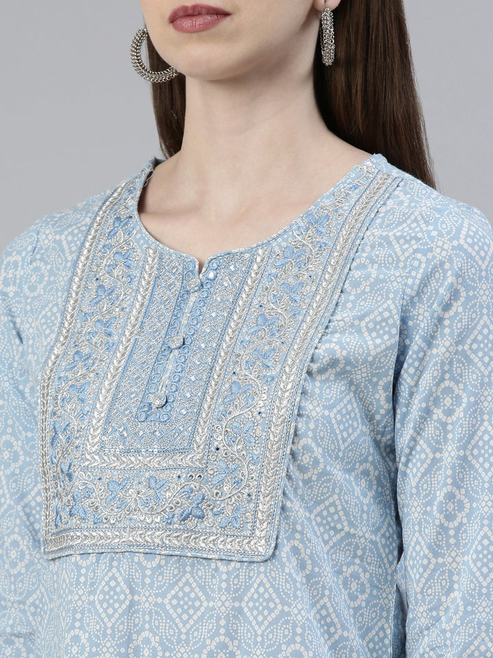 Neerus Blue cotton printed kurta set with trouser and dupatta - detail view 1