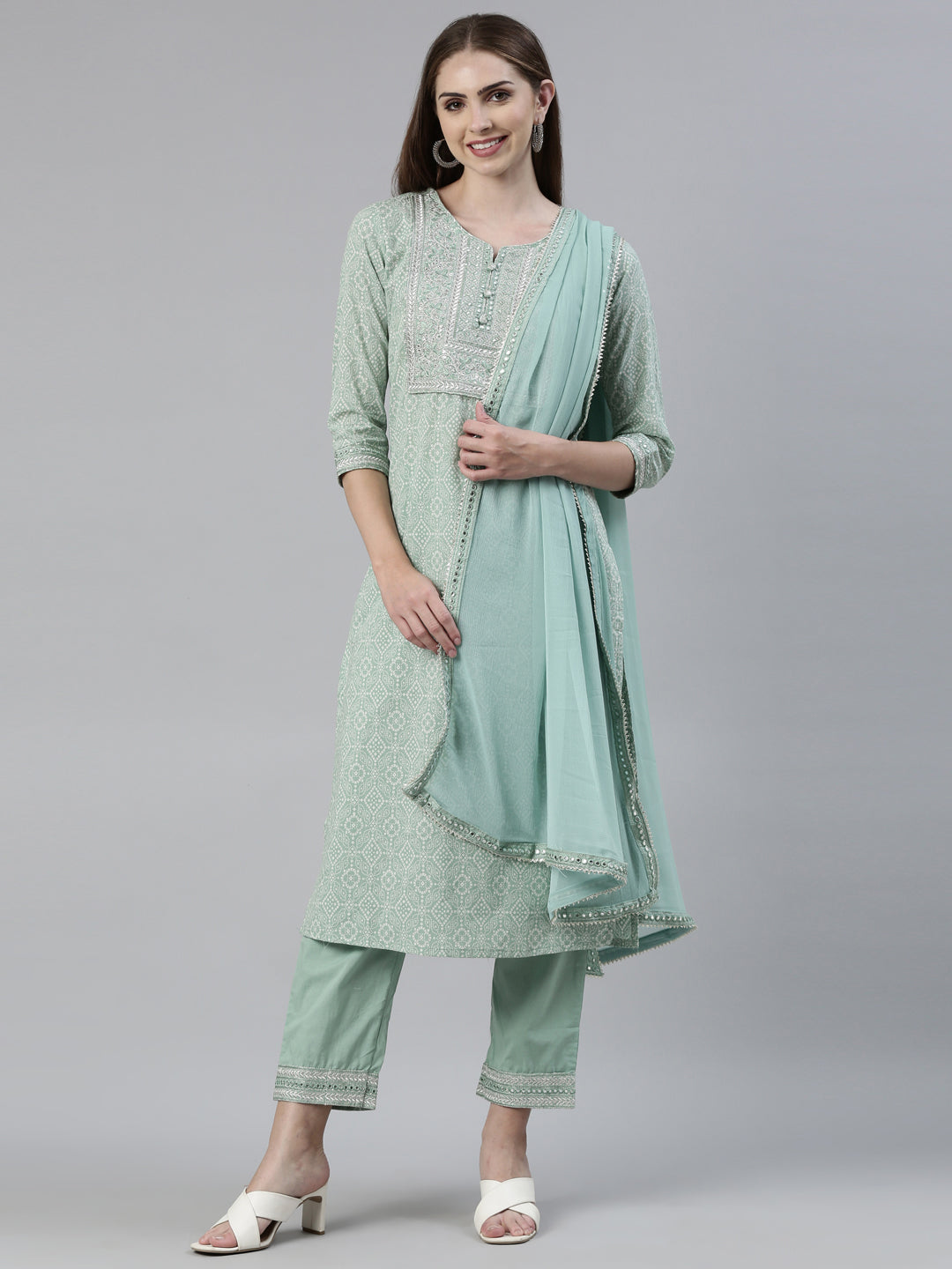 Neerus Green cotton printed kurta set with trouser and dupatta - front view