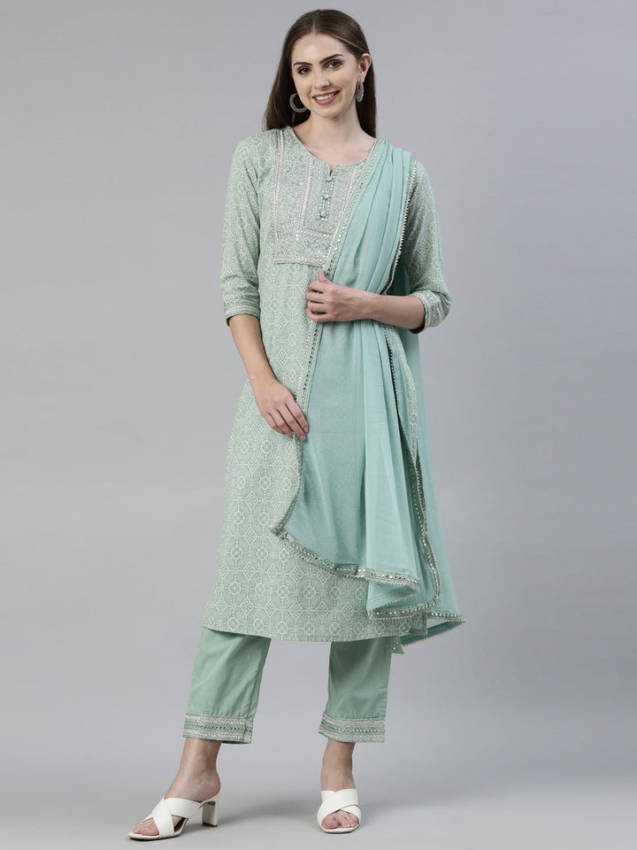 Neerus Green cotton printed kurta set with trouser and dupatta - front view