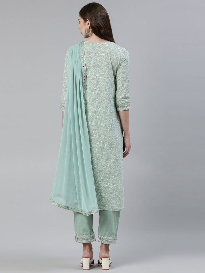 Neerus Green cotton printed kurta set with trouser and dupatta - side view