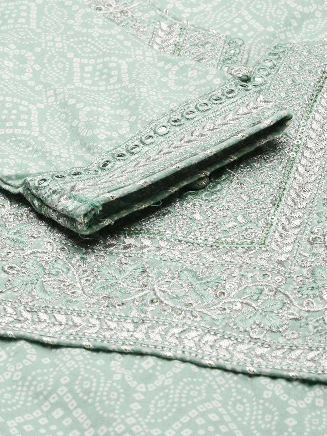 Neerus Green cotton printed kurta set with trouser and dupatta - detail view 2