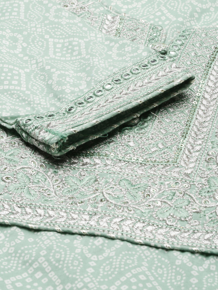 Neerus Green cotton printed kurta set with trouser and dupatta - detail view 2