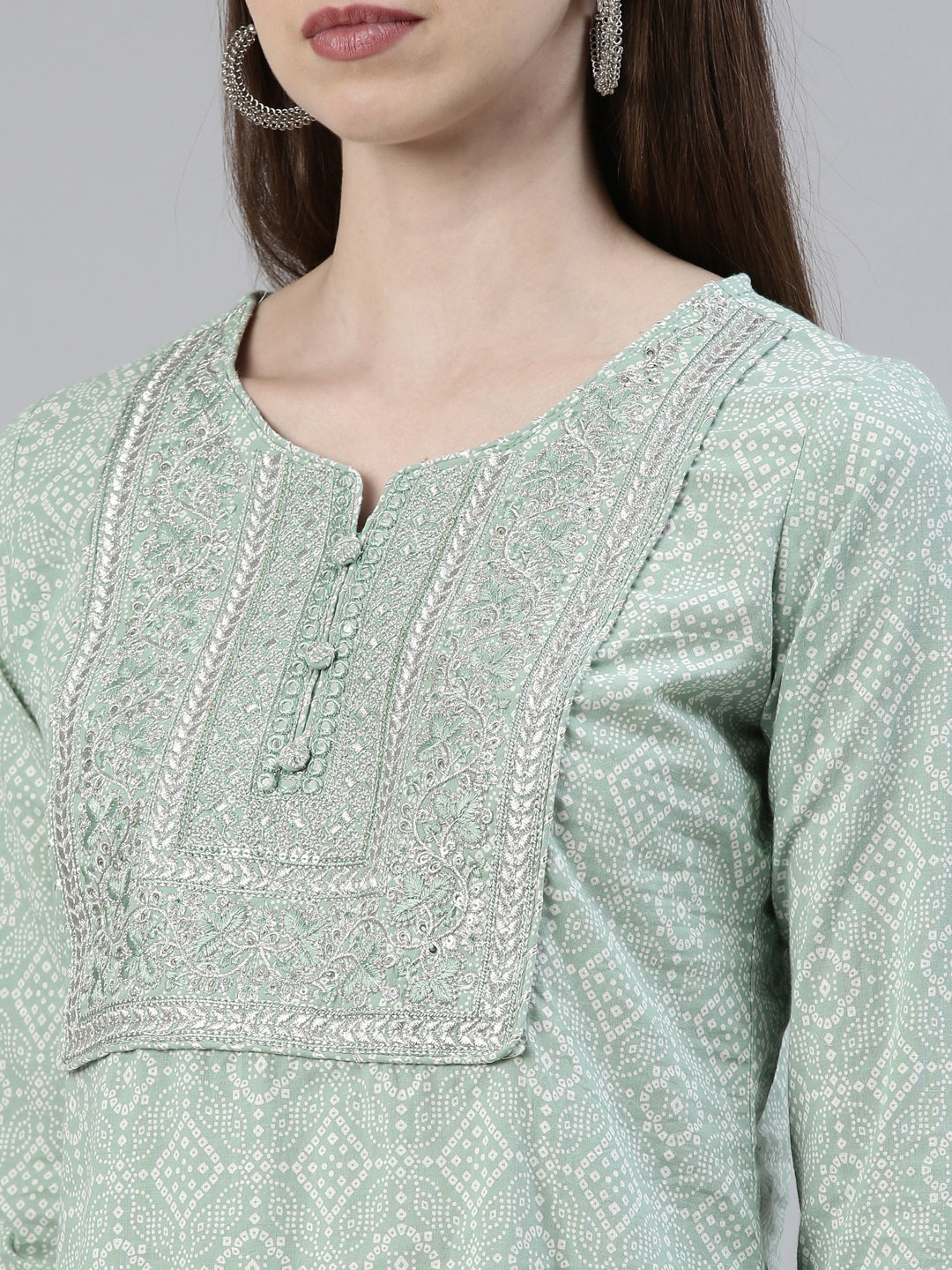 Neerus Green cotton printed kurta set with trouser and dupatta - detail view 1