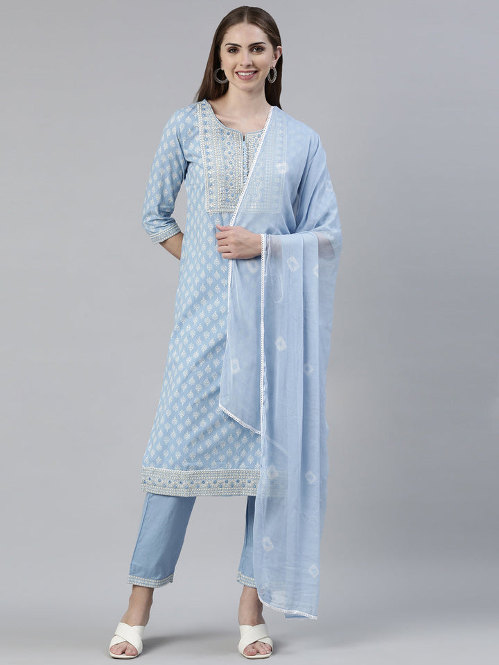 Neerus Blue printed straight kurta set with trouser and dupatta - front view