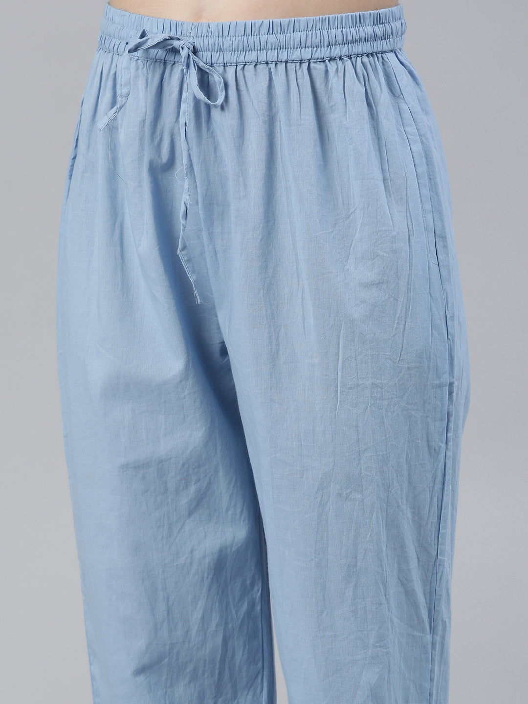 Neerus Blue printed straight kurta set with trouser and dupatta - detail view 3